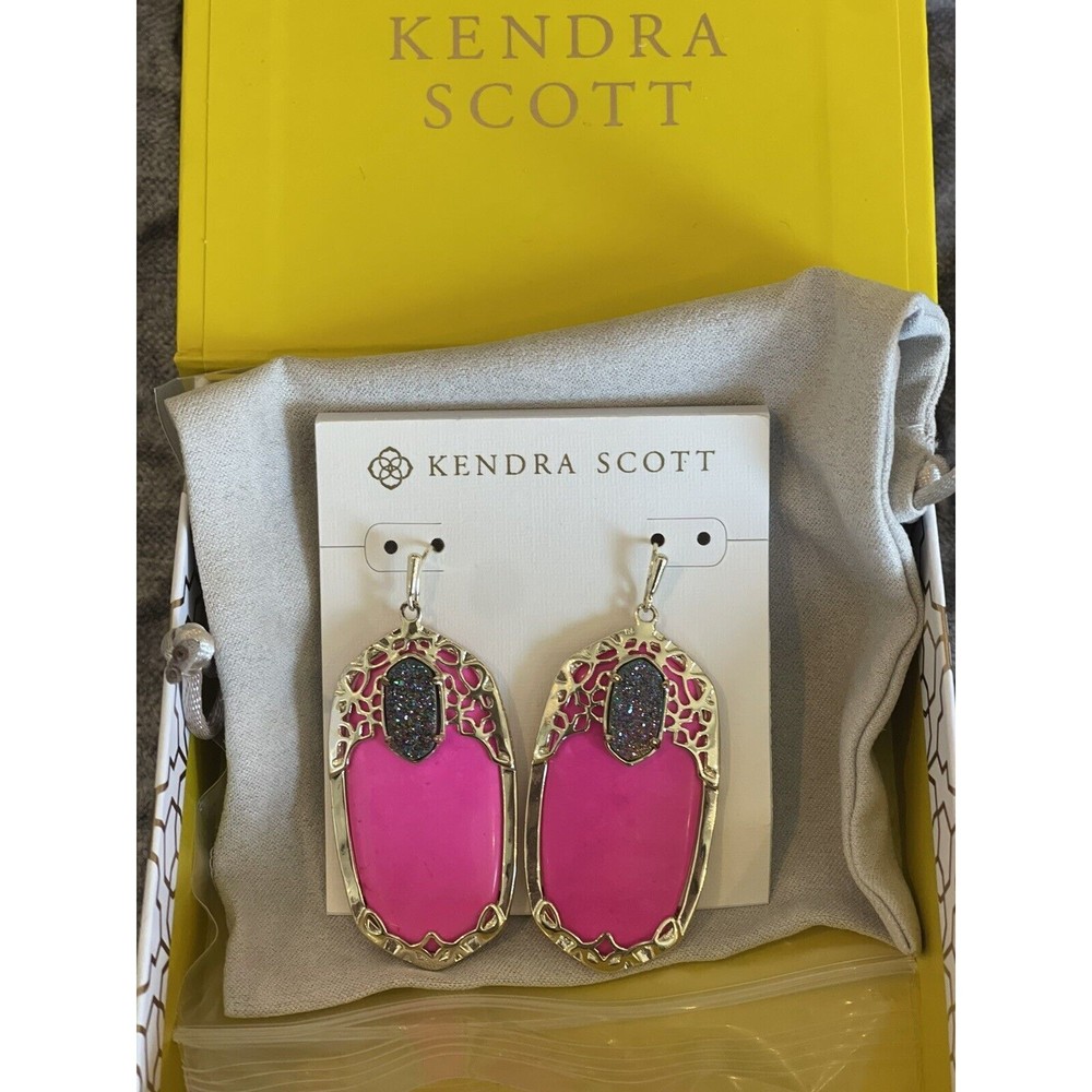 NEW KENDRA SCOTT Glam Rocks Deva Hot Pink Drusy 14kt Gold Earrings